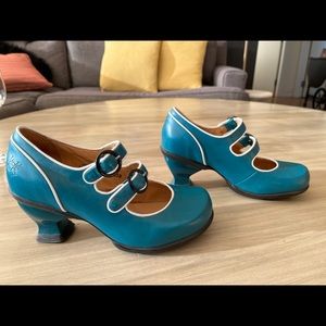 John Fluevog green & white double strap mary-janes with heels